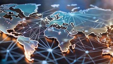A close up shot of a digital map displaying worldwide network connectivity, highlighting the global reach and interconnectedness of modern technology.の素材