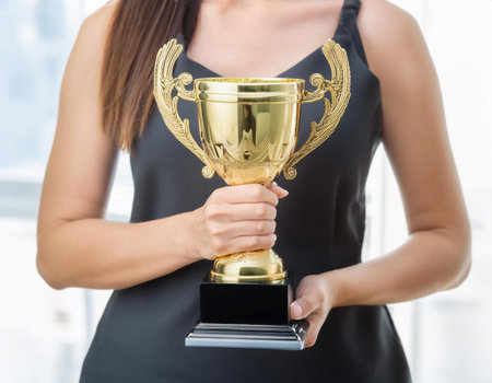 Close up image of a person holding a trophy, symbolizing achievement, success, and victory.の素材