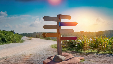 Close up image of various signage and directional signs in an area, representing navigation, information, and directions.の素材