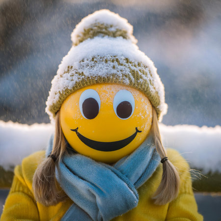 A yellow smiley face ornament with a red tongue sticking out is covered in snow. The ornament is hanging from a tree branch and is surrounded by a snowy backdrop.の素材