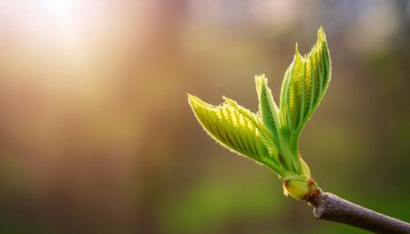 Close up image of a new leaf budding on a tree branch, symbolizing fresh starts, growth, and new beginnings.の素材