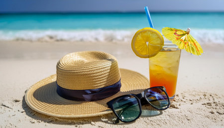On a sunny beach, a straw hat and sunglasses rest on soft sand beside a vibrant tropical drink adorned with an umbrella and a slice of lemon. The clear blue ocean waves gently roll in the background, creating a serene atmosphere perfect for relaxation.の素材