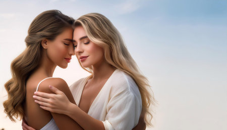 A serene image of two young adults embracing, showing their unique complexions and expressions of pride and tranquility. This heartfelt moment captures the essence of responsibility, individuality, and wellbeing, emphasizing a serene, worry-free attitude towards life's challenges. Ideal for themes of purity and personal pride in diverse lifestyles.の素材