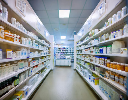 Close up image of pharmacy shelves stocked with medicine bottles, illustrating healthcare, pharmaceuticals, and medical supplies.の素材