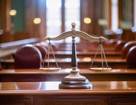 Close up image of a courtroom setting, emphasizing legal proceedings, justice, and the judicial environment.の素材