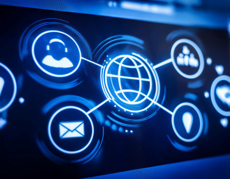 Close up image of social media icons on a screen, representing online interaction, digital communication, and social networking.の素材