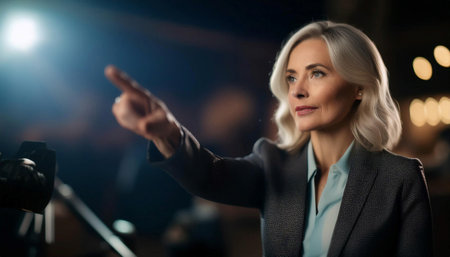 Close up image of a film director giving instructions on set, symbolizing leadership, creativity, and film production.の素材