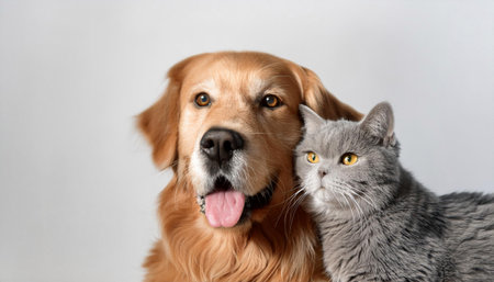 A golden retriever stands proudly next to a gray cat, both displaying friendly expressions. The golden retriever has a shiny coat and a friendly demeanor, while the gray cat looks calm and poised. They are positioned in front of a neutral backdrop, showcasing their companionship.の素材