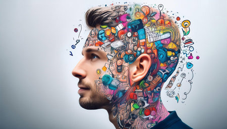 Close-up illustration of whimsical doodles replacing the head in a fun and artistic design. Ideal for topics related to creative expression, unique art, and imaginative design.の素材