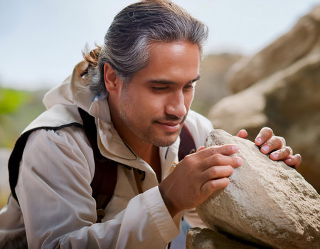 Close up image of a geologist examining rocks during an exploration expedition, illustrating geological study, fieldwork, and discovery.の素材