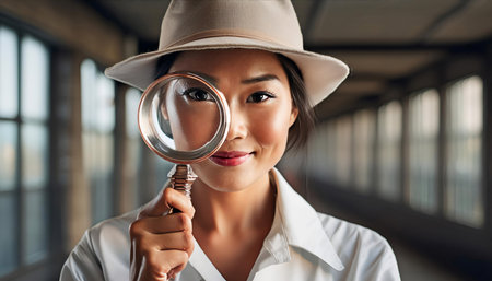 Concept illustrating an inspector conducting an investigation with a magnifying glass, emphasizing examination, examination, and detection.の素材