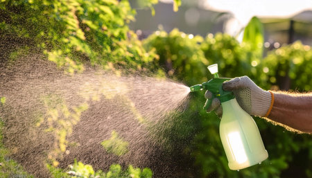 A person is using a handheld sprayer to water lush green plants in a garden. The sunlight highlights the vibrant foliage, indicating a care routine for healthy plant growth.の素材
