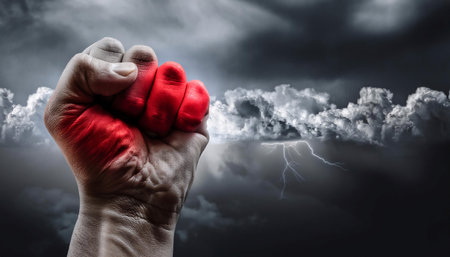 Illustration depicting the concept of anger and emotional reactions, featuring symbols like a clenched fist, red face, and storm clouds, symbolizing intense emotions, frustration, and conflict. Ideal for topics related to emotional health, conflict resolution, and psychology.の素材