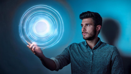 An intriguing horizontal image of a person controlling an illuminated light circle in mid-air. This futuristic scene highlights imagination and individuality, capturing the impact of innovative ideas and lifestyles in a moment of discovery.の素材