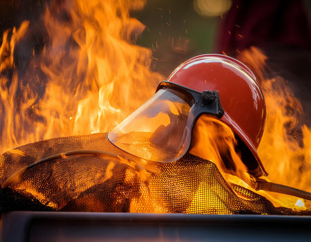 Close-up of vibrant flames and firefighting equipment, illustrating the intensity and safety aspects of fire management.の素材