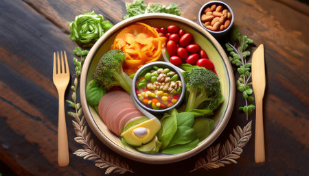 Close-up illustration of mindful eating, featuring imagery of healthy meals, slow eating, and mindfulness symbols. Ideal for discussions on nutrition, wellness, and intentional living.の素材