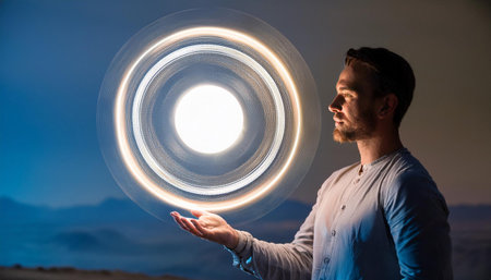 An intriguing horizontal image of a person controlling an illuminated light circle in mid-air. This futuristic scene highlights imagination and individuality, capturing the impact of innovative ideas and lifestyles in a moment of discovery.の素材