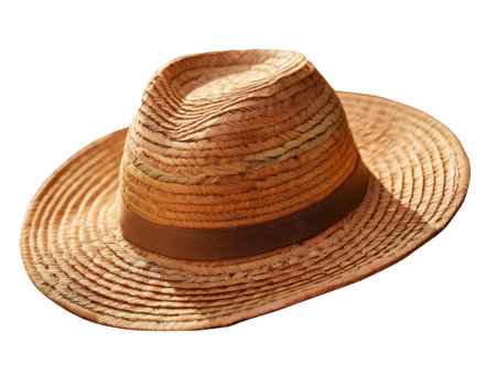 Close-up image of a straw hat showing its natural weaving patterns, symbolizing summer, style, and sun protection.の素材