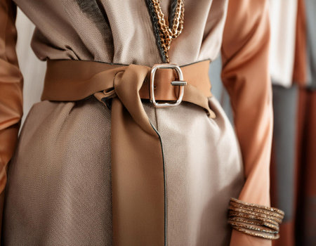 Close up of trendy apparel and fashion accessories, featuring clothing items like a stylish dress, belt, and jewelry, symbolizing fashion, style, and personal expression. Ideal for topics related to fashion, clothing, and personal style.の素材