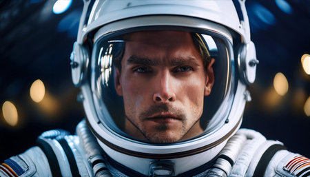 A close-up, horizontal headshot of an astronaut indoors, featuring detailed helmet reflections. This serious and contemplative image embodies aspirations and the spirit of exploration and discovery in a futuristic context.の素材
