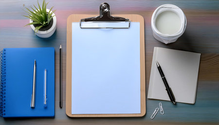 Illustration depicting the concept of using a clipboard for organizing and managing information, featuring elements like a clipboard, paper sheets, and writing tools, symbolizing organization, note taking, and task management. Ideal for topics related to office work, documentation, and organization.の素材