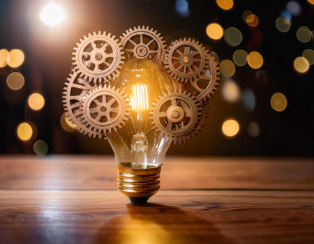 Close up of light bulbs and gears representing brainstorming and idea generation, symbolizing creativity, innovation, and problem solving. Ideal for topics related to teamwork, creativity, and project planning.の素材