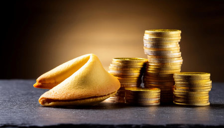 Close up image of a stack of coins and a fortune cookie, symbolizing wealth, luck, and prosperity.の素材