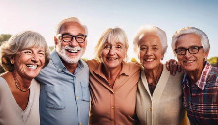 Close-up illustration of a group of senior friends enjoying their time together, highlighting their camaraderie and joyful interactions. Ideal for discussions on friendship, aging, and social connections.の素材
