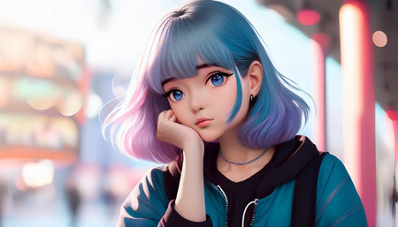 A manga-style illustration of a trendy and playful girl with a fashionable look. This horizontal image captures a young adult with a unique, stylish vibe. Her expressive emotion ranges from playful to a hint of disappointment, reflecting individuality and glamor. Perfect for social media, creative projects, and fashion inspiration.の素材