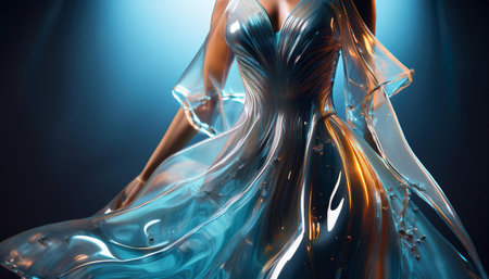 Close-up illustration of a cutting-edge liquid dress, showing its unique fluid design and innovative material. Ideal for discussions on avant-garde fashion, modern textiles, and futuristic clothing.の素材