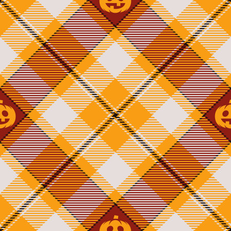 Halloween vector pattern featuring a plaid check design with pumpkins, spooky ghosts, and scary ornaments. This repeating autumn background is perfect for textile, fabric, and material prints, adding a touch of fear to party decor, greeting cards, posters, or tiled wallpapers with a unique seasonal style.のイラスト素材