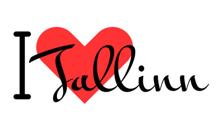 I love Tallinn, city of Estonia. Hand drawn letters with red heart. Vector illustration lettering, modern design for print t shirt, banner, poster, sticker or label.のイラスト素材