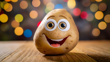 A single potato with a painted-on face, featuring big eyes and a wide smile, is positioned in the foreground of the image. The potato appears to be looking to the right of the frame. The background is a blurred out bokeh effect of warm, golden lights.の素材