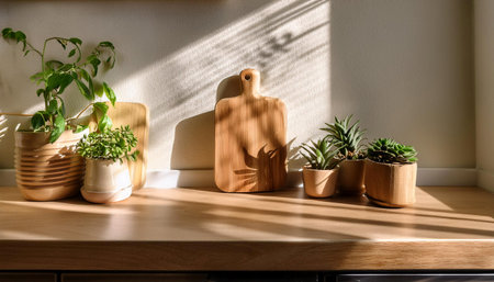 A sunlit kitchen countertop showcases a simple arrangement of natural materials, including wooden serving boards, ceramic containers, and small potted plants. The light enhances the inviting atmosphere of the space while emphasizing a clean and modern design.の素材