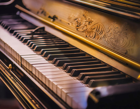 Close up depiction of a piano and music keys featuring elements like piano keys, sheet music, and musical notes representing music composition, performance, and creativity. Ideal for topics related to music education, piano playing, and musical artistry.の素材