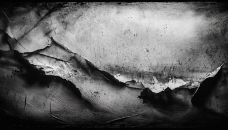 A horizontal black and white vignette showcasing a textured, weathered surface with elements of crumpled, stained material. The image combines simplicity and elegance, evoking nostalgia and a sense of tranquility with its glowing, monochrome aesthetics.の素材