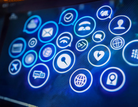 Close up image of social media icons on a screen, representing online interaction, digital communication, and social networking.の素材