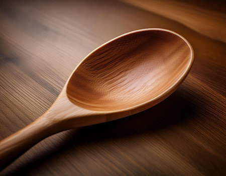 Close-up image of a wooden spoon showing its natural texture, symbolizing cooking, kitchen tools, and traditional culinary practices.の素材