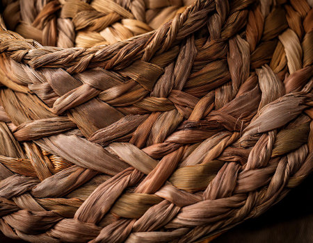Close-up illustration of a handwoven wicker basket made from natural fibers, emphasizing texture and craftsmanship. Perfect for topics related to storage, home decor, and traditional crafts.の素材