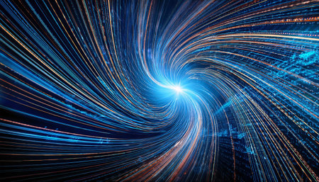 A dynamic visual of swirling data streams, symbolizing the vitality and aspirations of big data analysis. The image evokes awe and contemplation with its intricate patterns, touching on themes of digital transformation and information flow.の素材