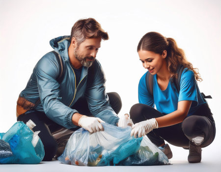 An engaging illustration showing people actively collecting plastic waste, with emphasis on environmental cleanup and recycling efforts. Ideal for content related to waste management, environmental activism, and pollution reduction.の素材