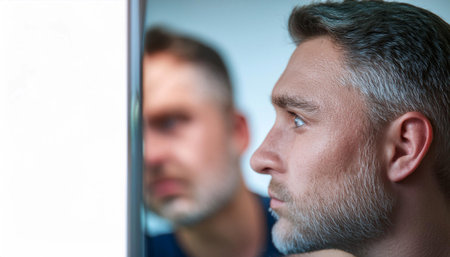 Close up image of a person looking at themselves in a mirror, representing self reflection, identity, and self awareness.の素材