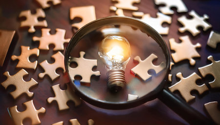 Illustration representing problem solving and puzzle pieces, featuring symbols like interconnected puzzle pieces, a magnifying glass, and a light bulb symbolizing solutions, discovery, and creativity. Ideal for topics related to critical thinking, strategy, and cognitive skills.の素材