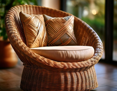 Close-up image of a wicker chair with textured weave and comfortable design, symbolizing relaxation, craftsmanship, and classic furniture.の素材