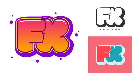 FX logo design for festival or party. Initial letter f and x in graffiti style. Creative modern lettering company name of font typography. Kids trendy logotype or identity. Vector illustration.のイラスト素材