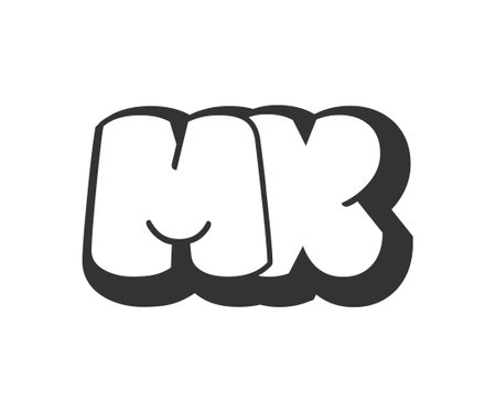 MX logo, bubble comic lettering, rounded in graffiti style black and white silhouette. Trendy preschool M and X letter text for festival party, personal initials, children funky print and web. Vector illustration.のイラスト素材