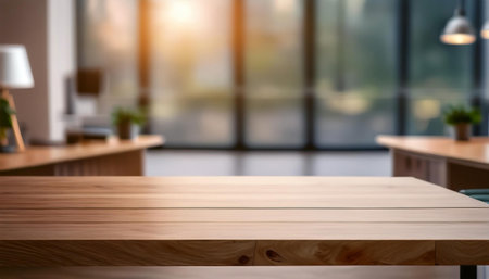 A close-up, defocused image of an empty table, showing a clean, horizontal surface ideal for backgrounds. The indoor setting highlights the furniture's simplicity and provides ample copy space, perfect for office or workspace concepts.の素材