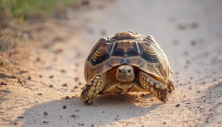 A leopard tortoise walks on a sandy path, its shell patterned with dark brown and yellow markings. The tortoise is in the shade of a tree, casting a long shadow on the ground. The sun is shining brightly, illuminating the scene.の素材