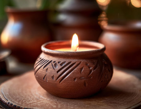 Close-up image of a clay candleholder with a rustic finish and handcrafted design, symbolizing warmth, artisanal craftsmanship, and home decor.の素材