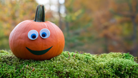 A single pumpkin with a painted smiley face and large googly eyes rests on a bed of green moss in front of a blurred background of autumn foliage. The pumpkin is bright orange and the background is a muted yellow.の素材